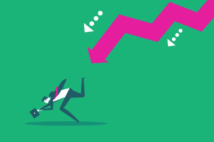 A green backdrop image with a pink arrow falling down heading towards a man in a suit with a briefcase demonstrating an investment scam.