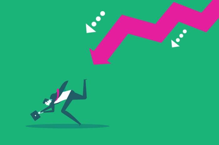 A green backdrop image with a pink arrow falling down heading towards a man in a suit with a briefcase demonstrating an investment scam.