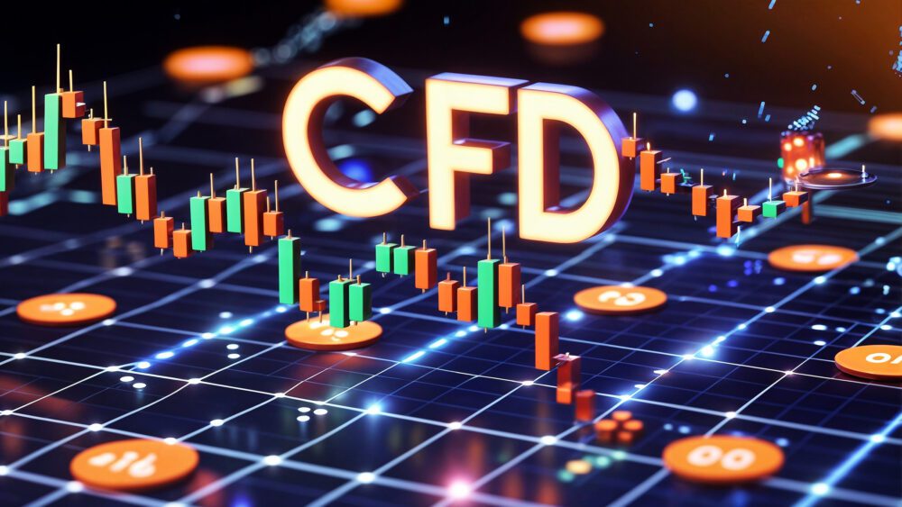 3D representation of a candlestick chart with the letters CFD abbreviation acronym of Contract for Difference on glowing grid technical chart elements