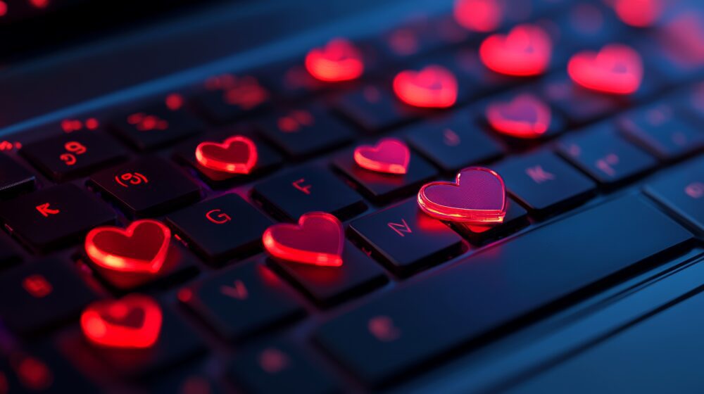 Laptop keyboard with love and scammer symbols. Online dating scam and love scam concept.
