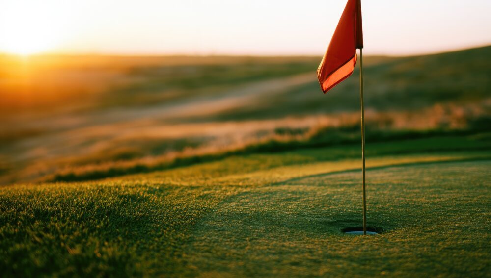 Golden hour sun illuminates a golf hole with a red flag on a green